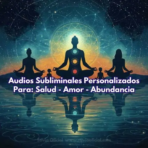 Silueta meditando sobre un fondo de colores suaves, simbolizando equilibrio, chakras alineados y armonía interna lograda con audios subliminales personalizados.” Descripción para prompt: Refuerza la idea de bienestar integral y sanación holística, conectando emocionalmente con el cliente.